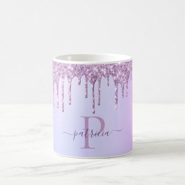 Glamour lila glitterdroppar Elegant monogram Kaffemugg (Center)