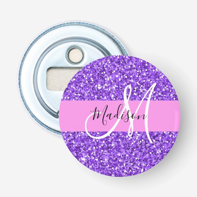 Glamour lila & rosa glitter glitter monogramnamn flasköppnare (Framsidan)