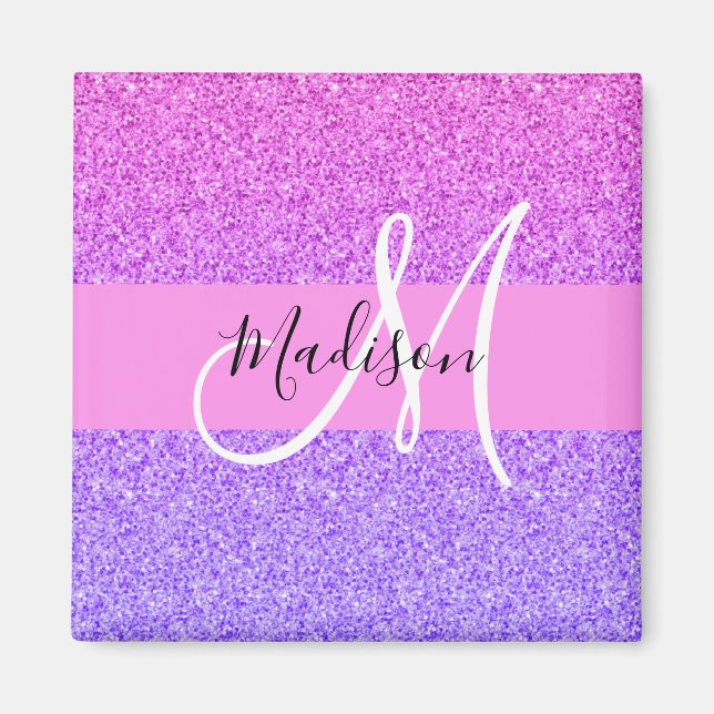 Glamour lila rosa glitter gnistrande gradientmonog magnet (Framsidan)