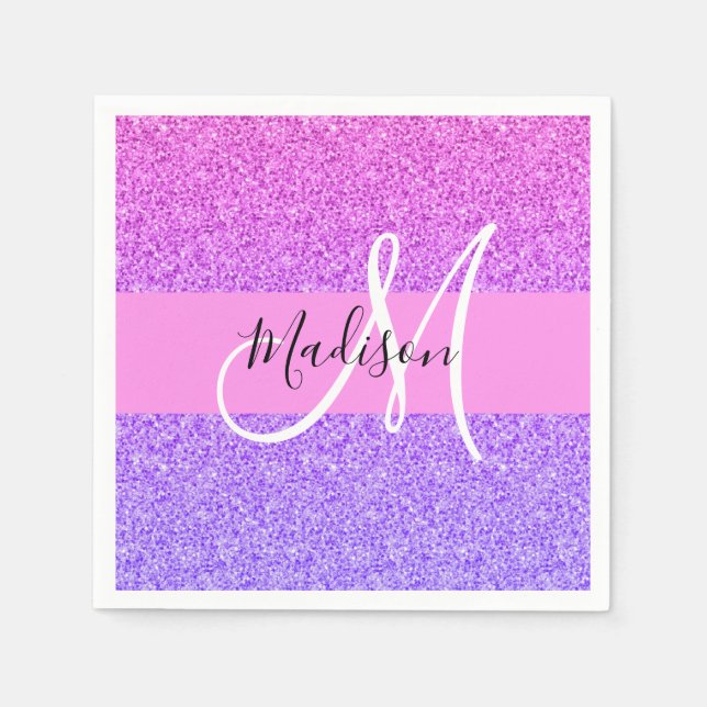 Glamour lila rosa glitter gnistrande gradientmonog pappersservett (Framsidan)