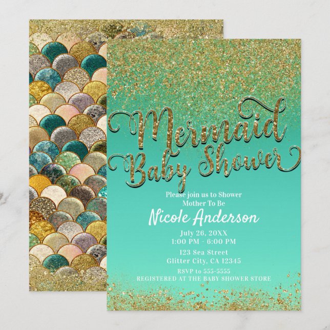Glamour Mermaid Baby Shower Guld Glitter & Teal Inbjudningar (Fram/baksida)