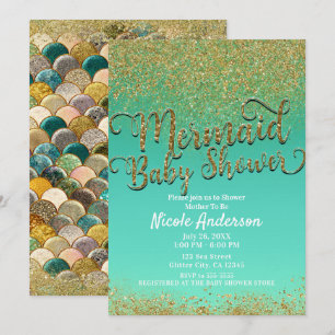 Glamour Mermaid Baby Shower Guld Glitter & Teal Inbjudningar