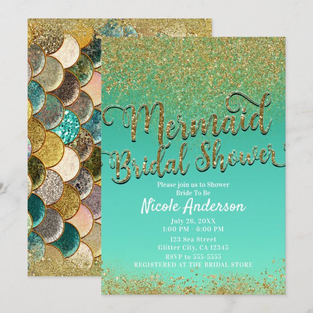 Glamour Mermaid Bröllopsdusch Guld Glitter & Teal Inbjudningar (Fram/baksida)