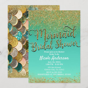 Glamour Mermaid Bröllopsdusch Guld Glitter & Teal Inbjudningar