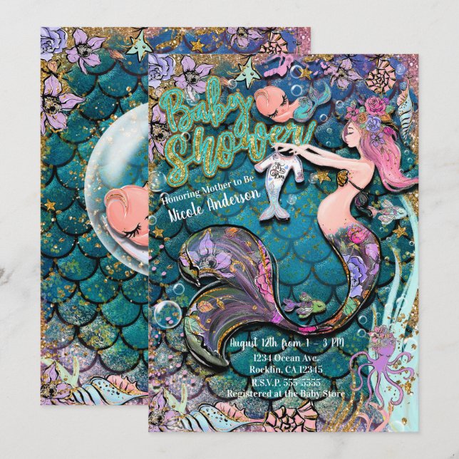 Glamour Mermaid Guld Glitter Pojke Baby Shower Inbjudningar (Fram/baksida)