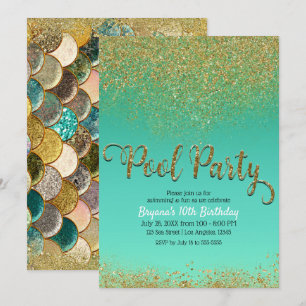 Glamour Mermaid Poolparty Guld Glitter Turkos Föde Inbjudningar