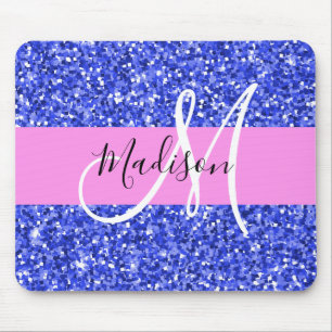 Glamour mörkblå rosa glittergnistrar namnmonogram musmatta