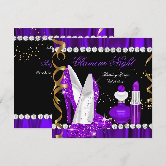 Glamour Night glitter Lila Guld Svart Party 3 Inbjudningar (Fram/baksida)