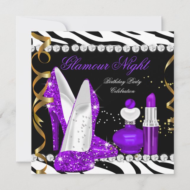 Glamour Night glitter Lila Guld Svart Zebra Inbjudningar (Framsida)