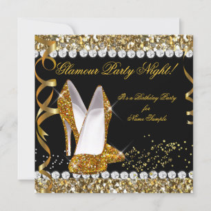 Glamour Party Natt Glitter Guld Svarta Skor Inbjudningar
