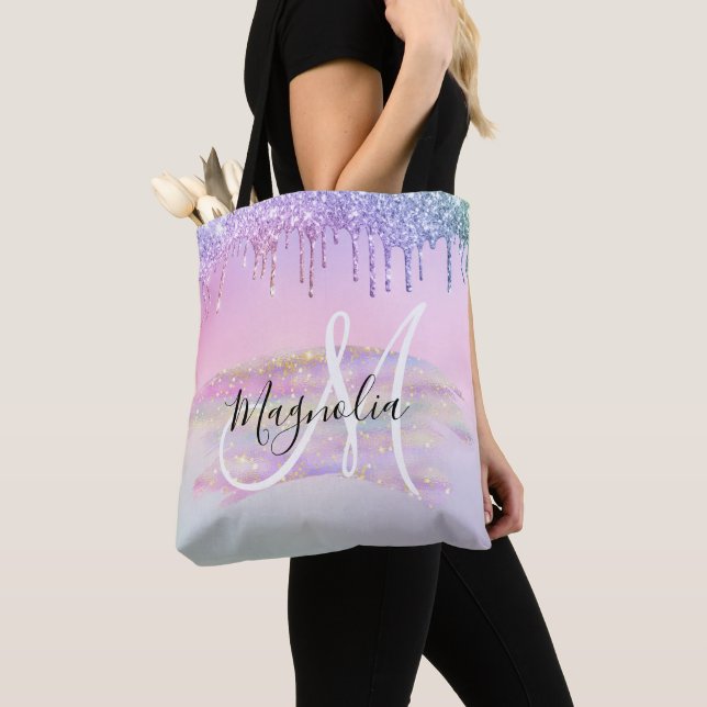 Glamour regnbåge enhörning ombré glitter rosa mono tygkasse (Närbild)