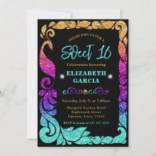 Glamour regnbåge gradient glitter påfågel Sweet 16 Inbjudningar