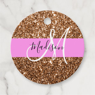 Glamour Rosa & Brons Glitter Gnistrande Monogramna Gåvor Etiketter
