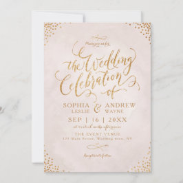Glamour rosa glitter roséguld kalligrafi bröllop inbjudningar