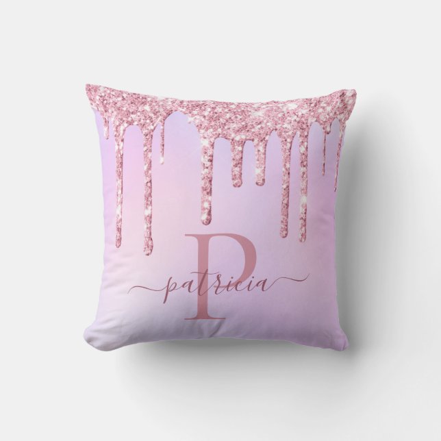 Glamour Rosa Glitterdroppar Elegant Monogram Kudde (Framsida)