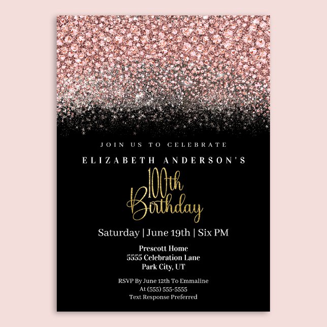 Glamour Rosa Juwelen Glitter 100-årsdag Inbjudningar (Skapare uppladdad)