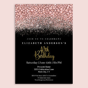 Glamour Rosa Juwelen Glitter 40-års Födelsedag Inbjudningar