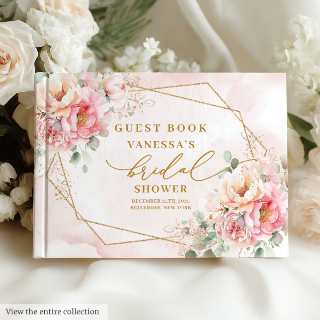 Glamour Rosa Rosa Bröllopsfest med Guldglitter Gästböcker (Glam Blush Pink Roses Gold Glitter Bridal Shower Guest Book)