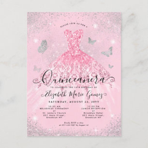 Glamour Rosa Silver Glitter Klänning Quinceanera Vykort
