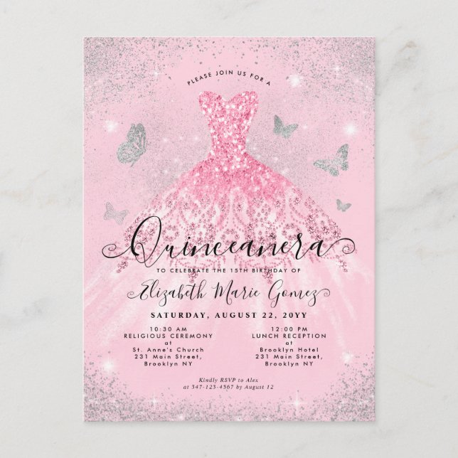 Glamour Rosa Silver Glitter Klänning Quinceanera Vykort (Framsida)