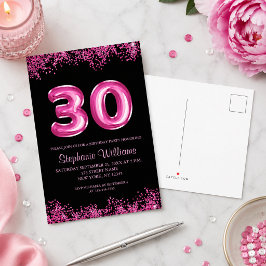 Glamour Svart Rosa Folieballong 30-årsfest Inbjudan Vykort