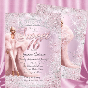 Glamour Sweet 16 Rosa Silver Vinter Värld Tiara Inbjudningar