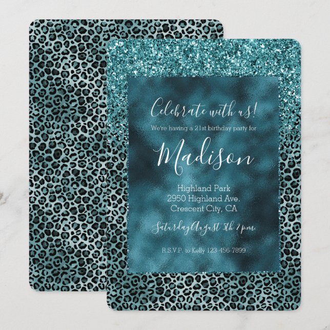 Glamour turkos turkosblå leopard glitter födelseda inbjudningar (Fram/baksida)