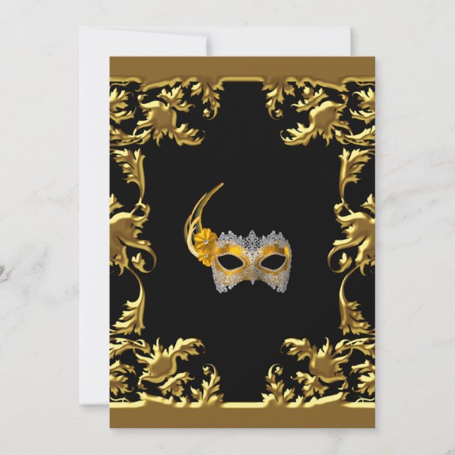 Glamourbal Maskerad Elegant Svart Guld Inbjudningar (Framsida)