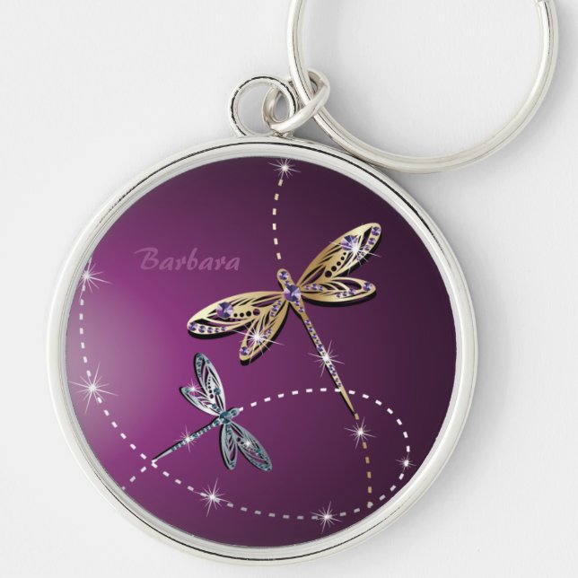 Glamourdiamantfjäril Keychain Rund Silverfärgad Nyckelring (Framsidan)