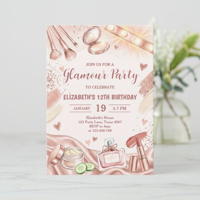 Glamourfest Glans Glam Spa Tjej Smink Födelsedag Inbjudningar (Stående Fram)