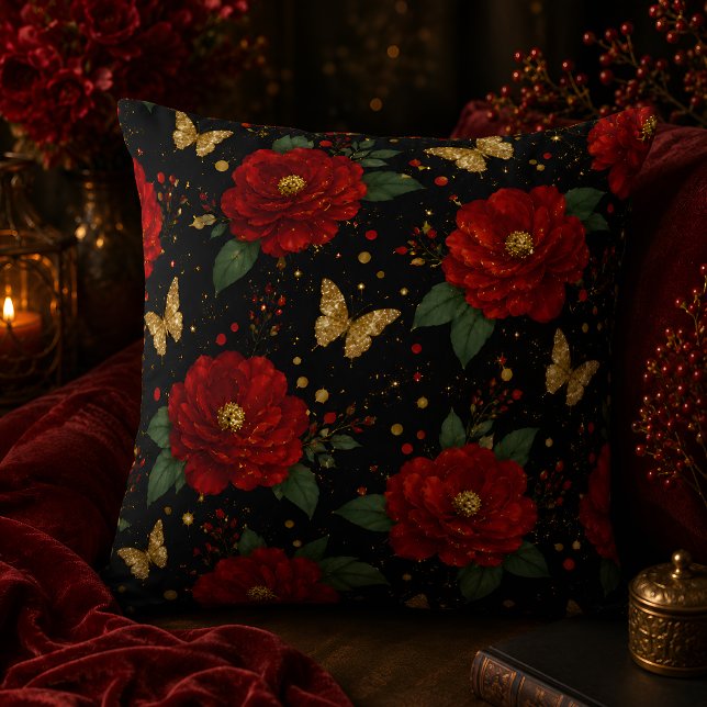 Glamourös blomsterkastkudde röda rosor guld fjäril kudde (Skapare uppladdad)