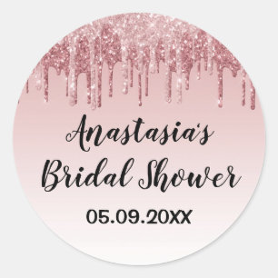 Glamourös bröllopsfest rosa roséguld glitterdroppa runt klistermärke