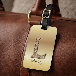 Glamourös diamantmonogram initial bokstav L Bagagebricka
