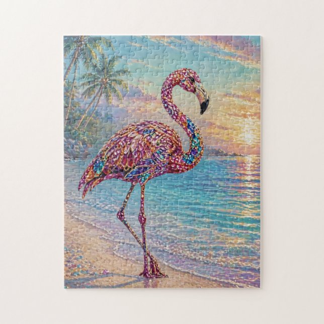 Glamourös flamingo i juvelton på tropisk strand pussel (Vertikal)