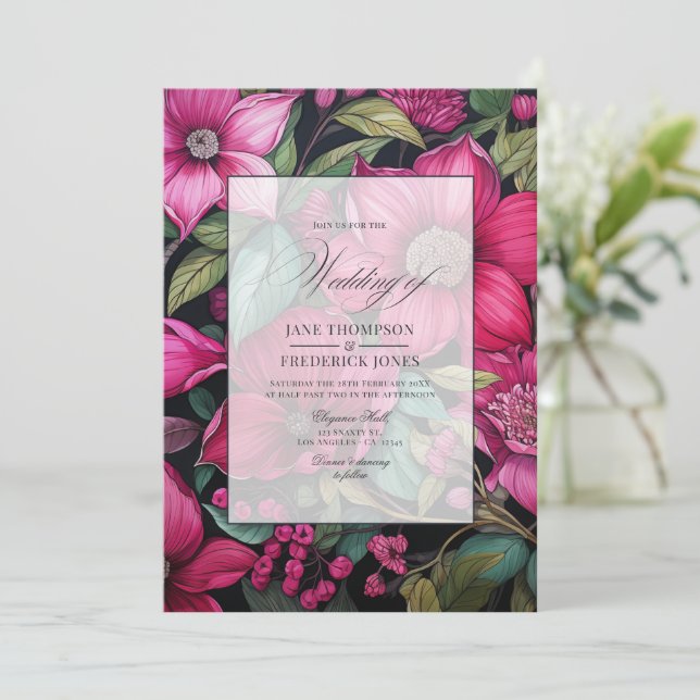 Glamourös Fuchsia, smaragdgrön & svart blomster Inbjudningar (Stående Fram)