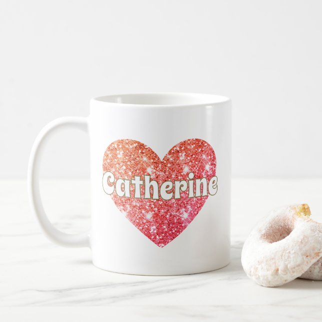 Glamourös glitter hjärta med namn  kaffemugg (Med munk)