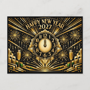 Glamourös guld Art Deco midnatt nyår Helg Vykort