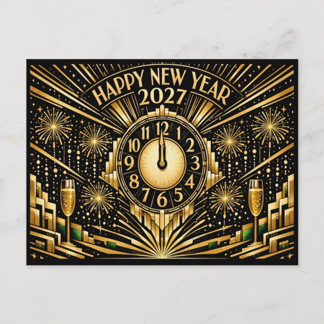Glamourös guld Art Deco midnatt nyår Helg Vykort (Framsida)
