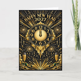 Glamourös guld Art Deco midnatt nyår Helgkort