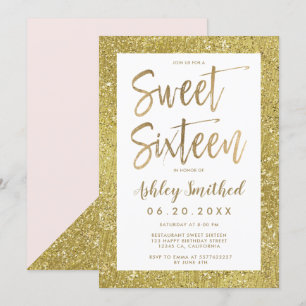Glamourös guld glitterfolie rosé söt sexton inbjudningar
