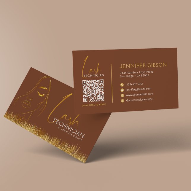 Glamourös guld- och brun fransstylist QR-kod  Visitkort (Skapare uppladdad)
