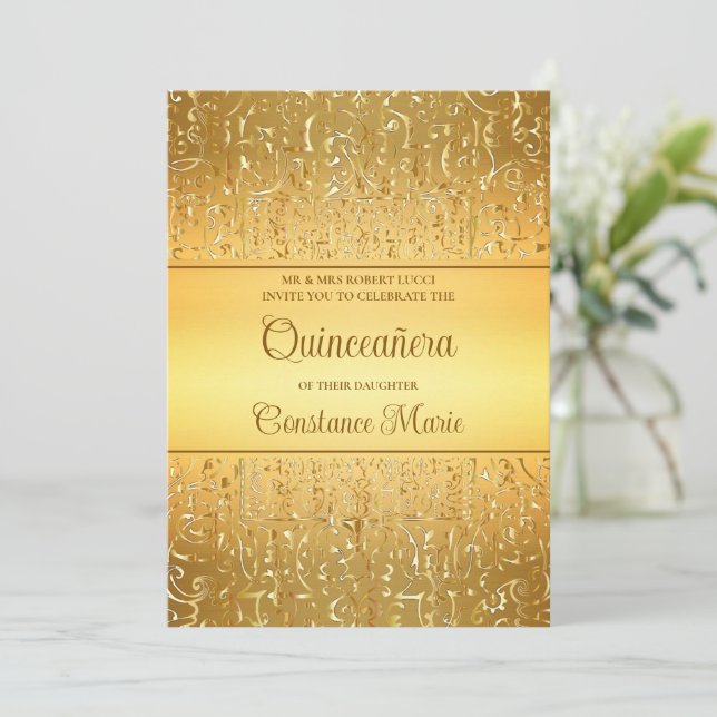 Glamourös Guld Ram Quinceanera Inbjudan (Stående Fram)