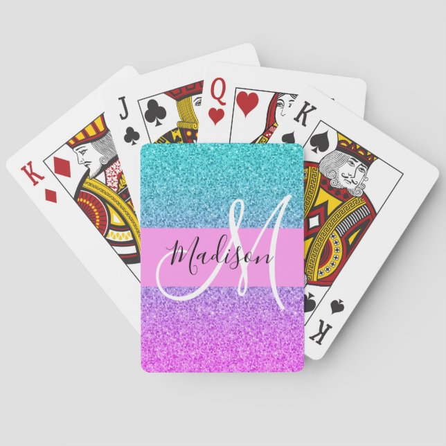 Glamourös lila akva glitter glans gradient monogra casinokort (Baksidan)