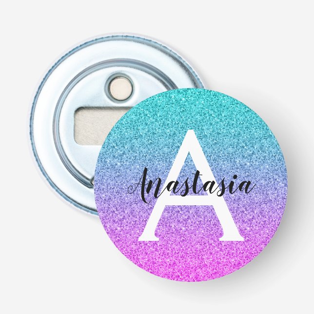 Glamourös lila akva glitter glans gradient monogra flasköppnare (Framsidan)