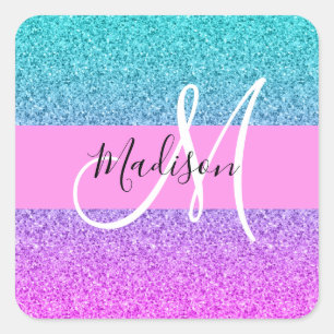 Glamourös lila akva glitter glans gradient monogra fyrkantigt klistermärke