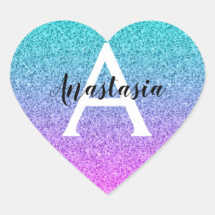 Glamourös lila akva glitter glans gradient monogra hjärtformat klistermärke