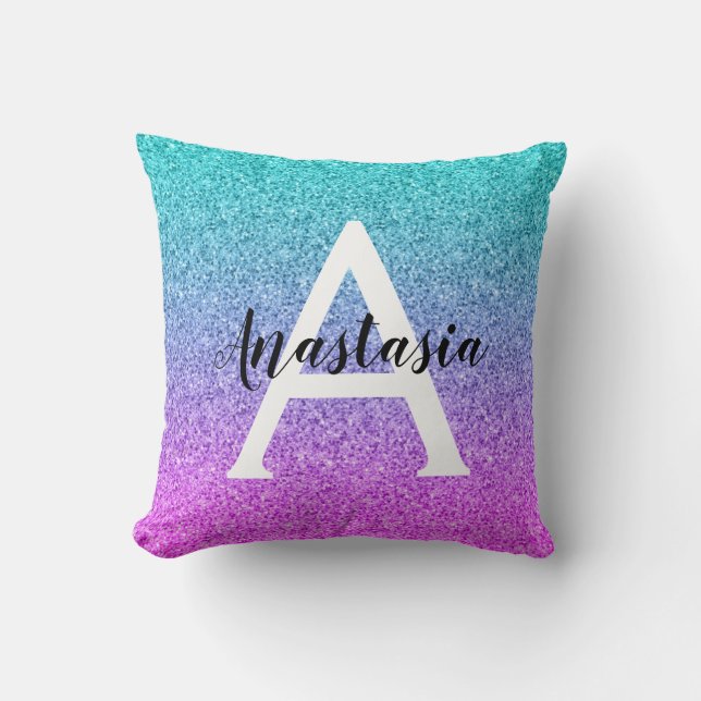 Glamourös lila akva glitter glans gradient monogra kudde (Framsida)