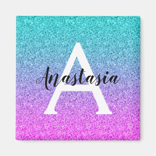 Glamourös lila akva glitter glans gradient monogra magnet