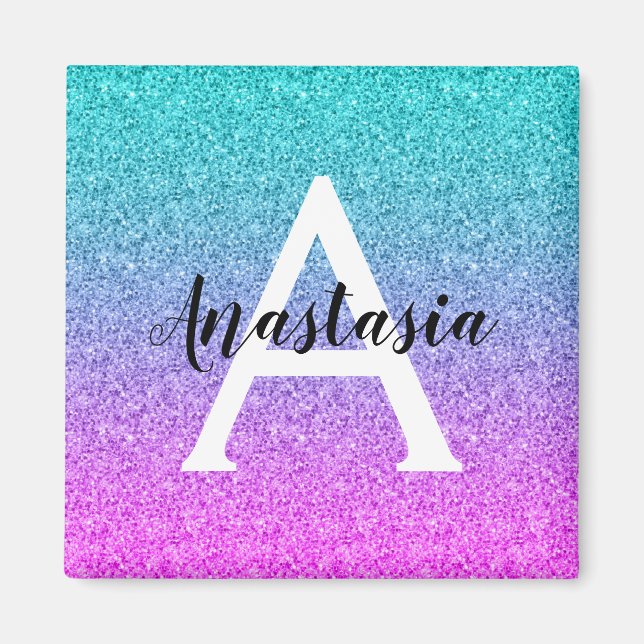 Glamourös lila akva glitter glans gradient monogra magnet (Framsidan)