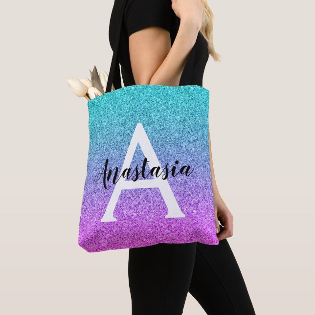 Glamourös lila akva glitter glans gradient monogra tygkasse (Närbild)